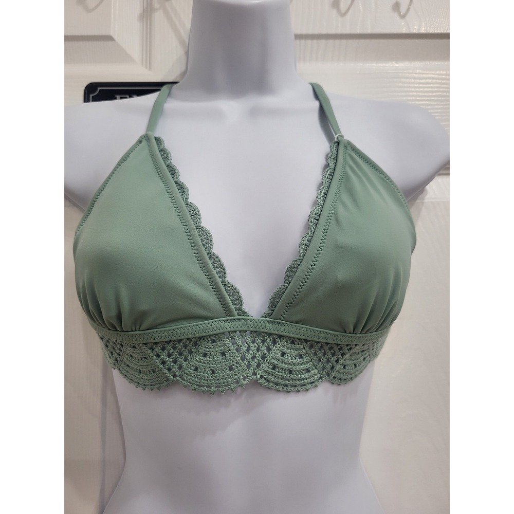 Sage Green Crochet Lace Trim Triangle Bikini Top Cross Back Tie Small